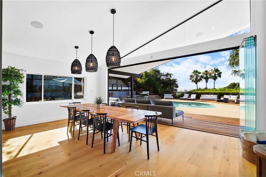 Dining room, Interior, Living room, Pendant Lights, Pool, Wood Texture Flooring