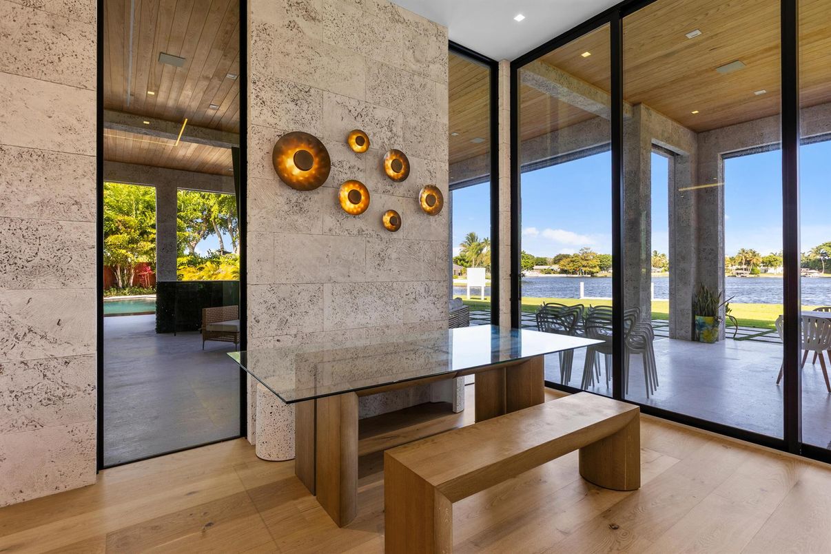 Interior, Pendant Lights, Recessed Lighting, Stone Walls, Water, Wooden Ceilings, Wood Texture Flooring