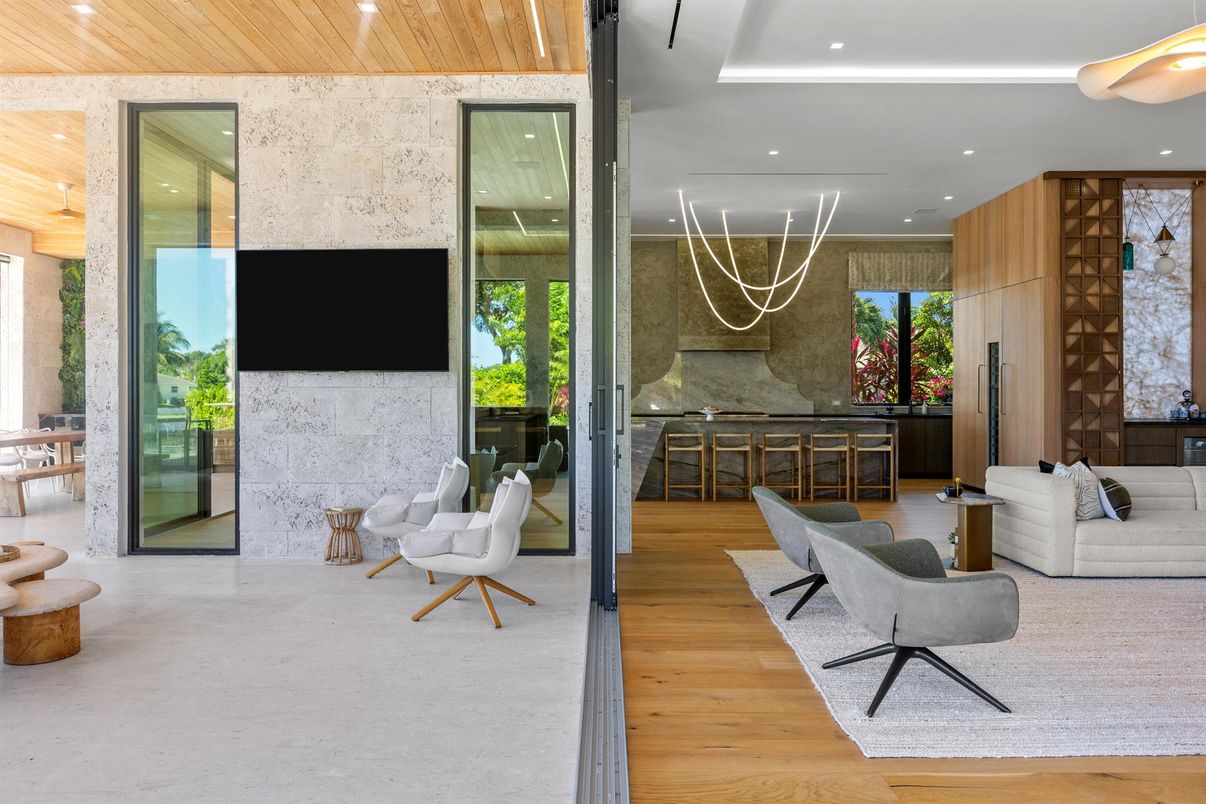 Interior, Pendant Lights, Recessed Lighting, Stone Walls, Wooden Ceilings, Wood Texture Flooring