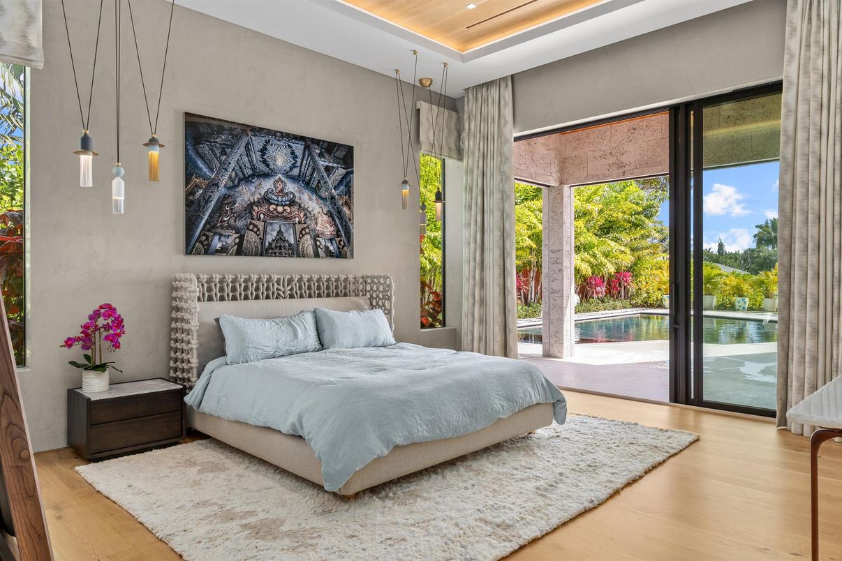 Bedroom, Interior, Pendant Lights, Wood Texture Flooring