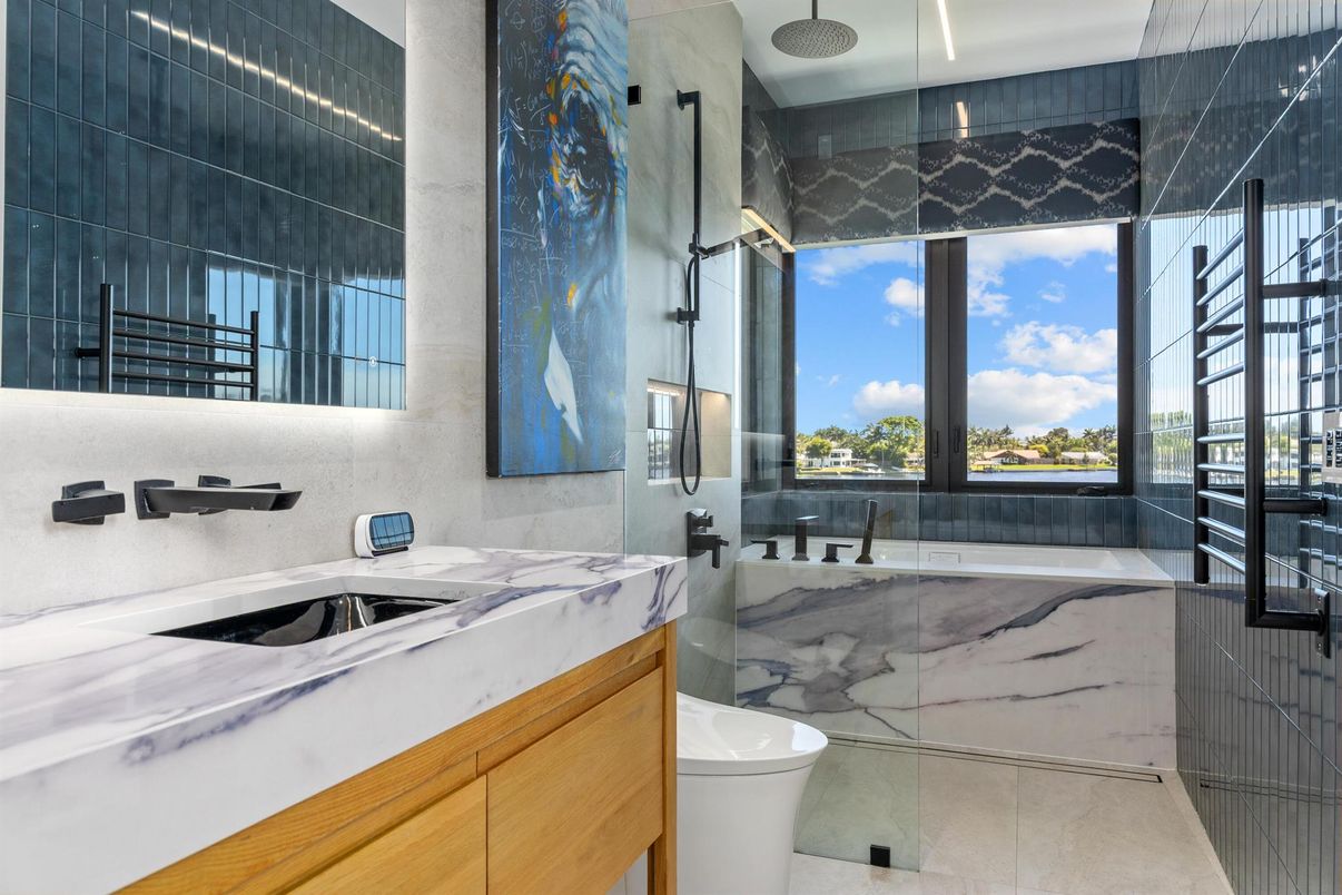 Bathroom, Glass Shower, Interior, Marble Walls, Recessed Lighting