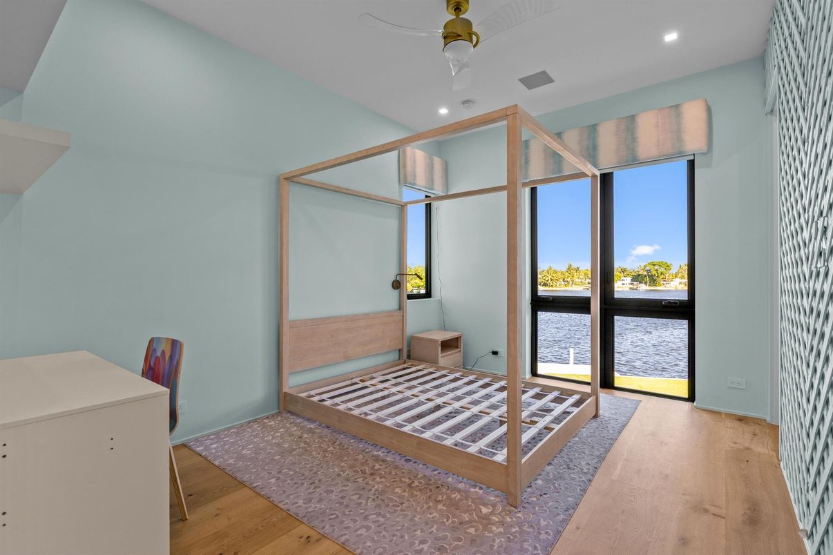 Bedroom, Interior, Recessed Lighting, Water, Wood Texture Flooring