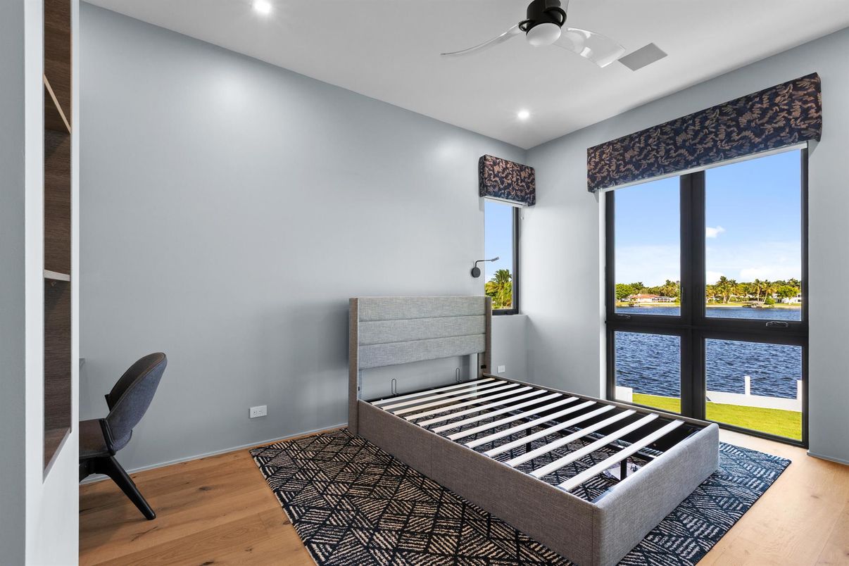 Bedroom, Interior, Recessed Lighting, Water, Wood Texture Flooring