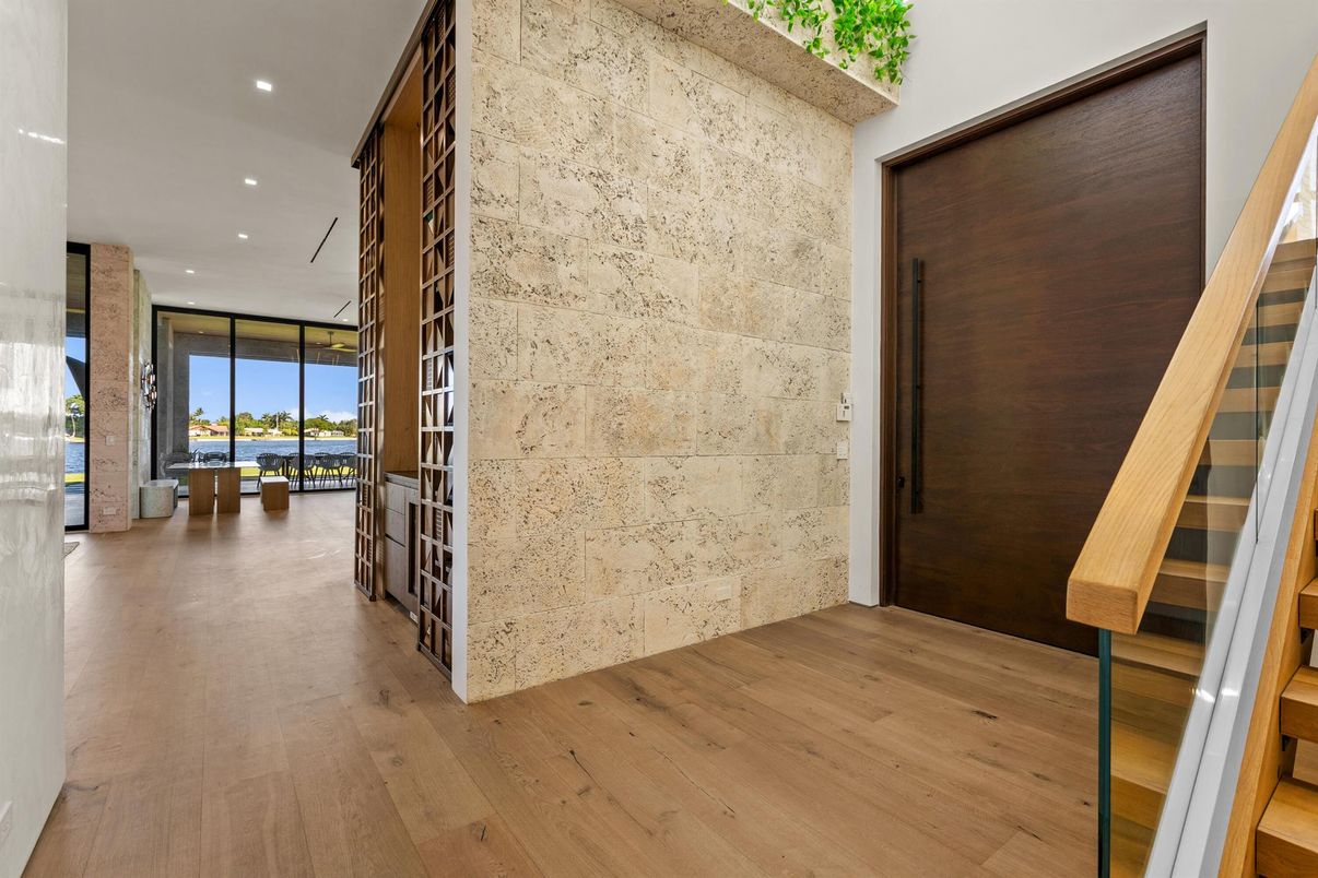 Interior, Recessed Lighting, Stone Walls, Wood Texture Flooring