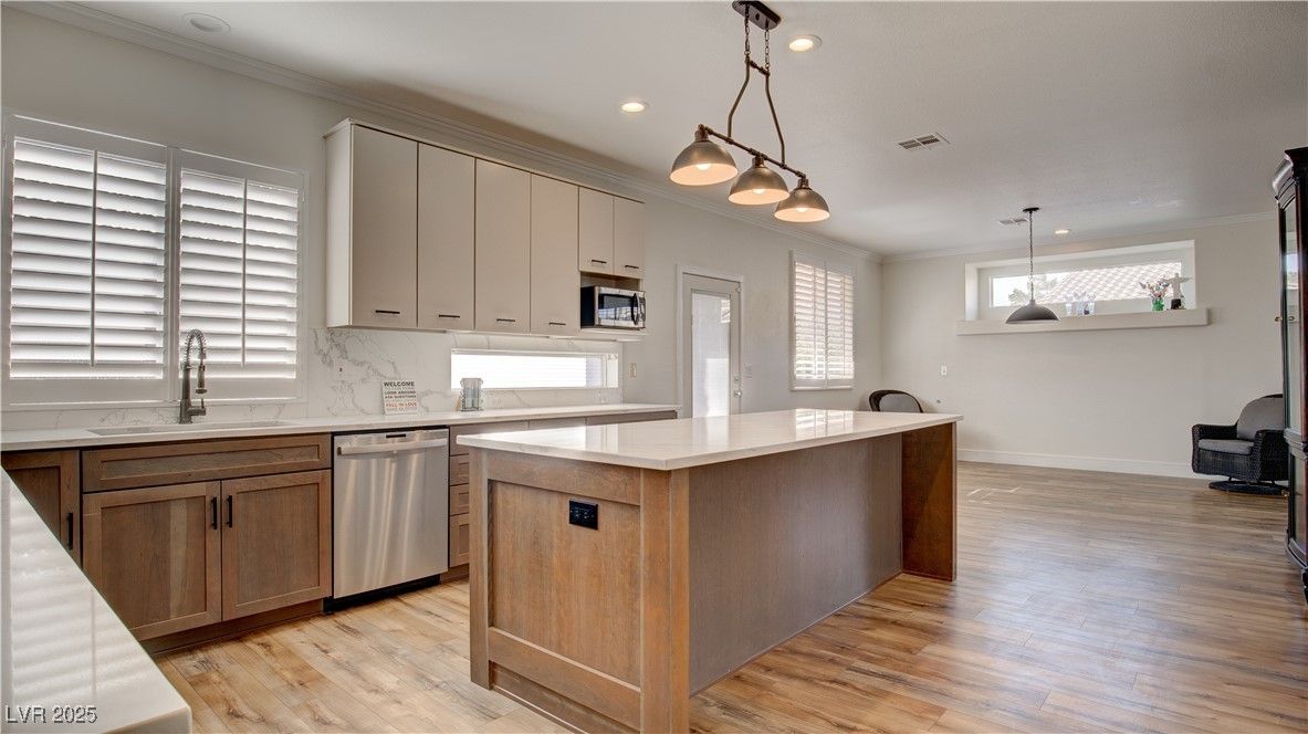 Interior, Kitchen, Pendant Lights, Recessed Lighting, Stainless Steel Appliances, Wood Texture Flooring