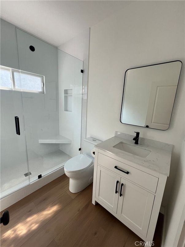 Bathroom, Glass Shower, Interior, Wood Texture Flooring