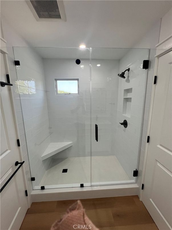 Bathroom, Glass Shower, Interior, Recessed Lighting, Wood Texture Flooring