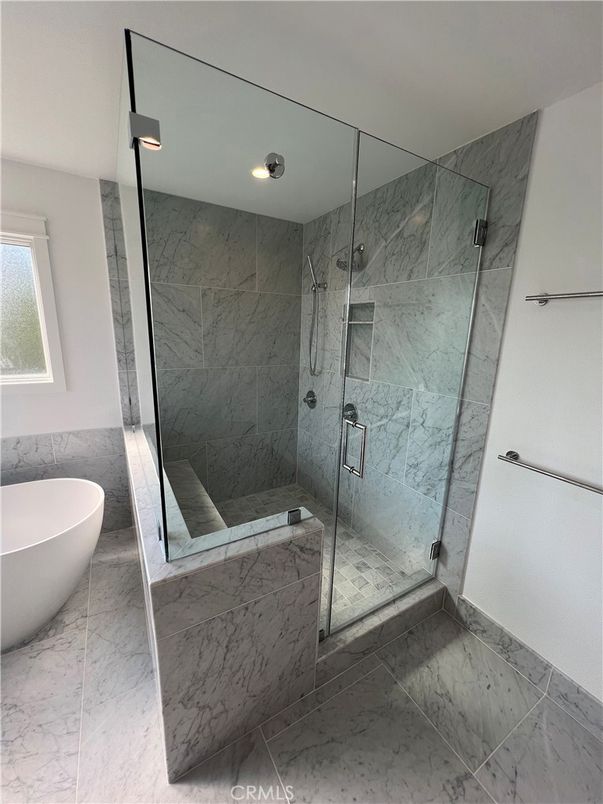 Bathroom, Free Standing Baths, Glass Shower, Interior, Marble, Marble Walls, Recessed Lighting