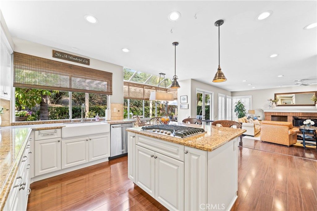 Dining room, Fireplace, Interior, Kitchen, Living room, Pendant Lights, Recessed Lighting, Wood Texture Flooring