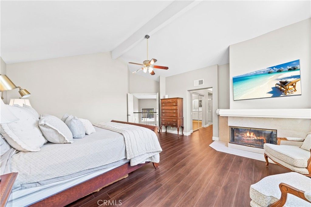 Bedroom, Fireplace, Interior, Wood Texture Flooring