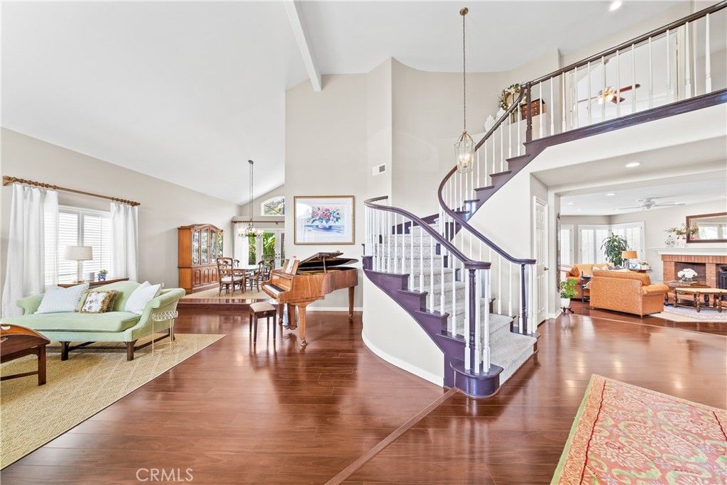 Dining room, Fireplace, Interior, Living room, Pendant Lights, Piano, Recessed Lighting, Wood Texture Flooring