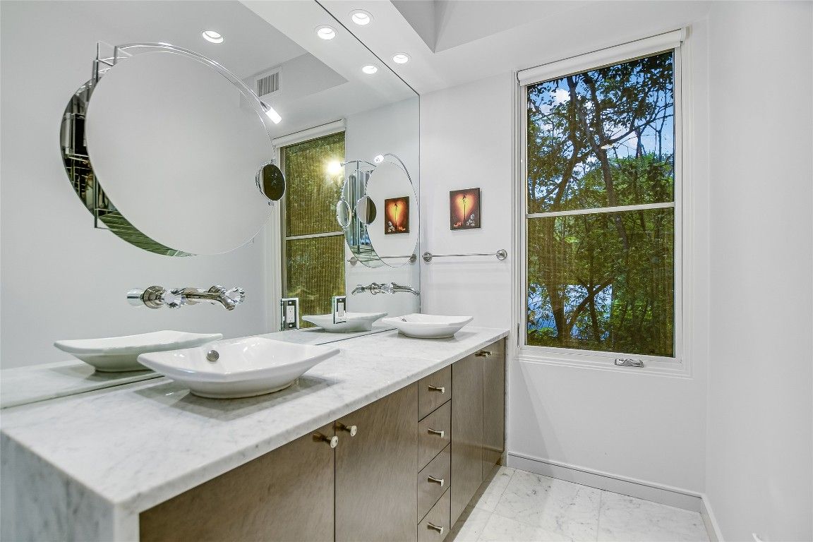 Bathroom, Dual Sink Vanities, Interior, Marble, Recessed Lighting