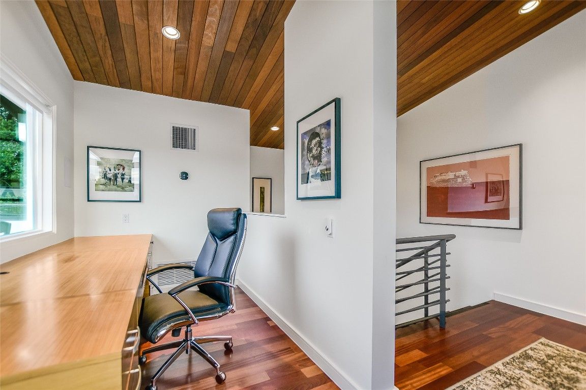 Home Office, Interior, Recessed Lighting, Wooden Ceilings, Wood Texture Flooring