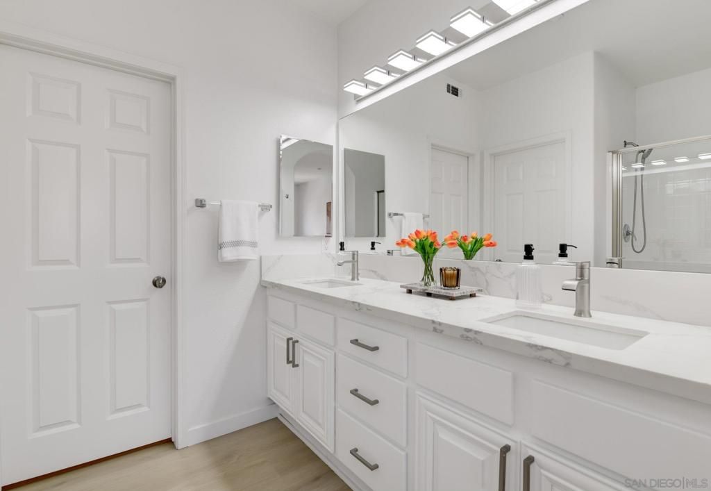 Bathroom, Dual Sink Vanities, Glass Shower, Interior, Wood Texture Flooring