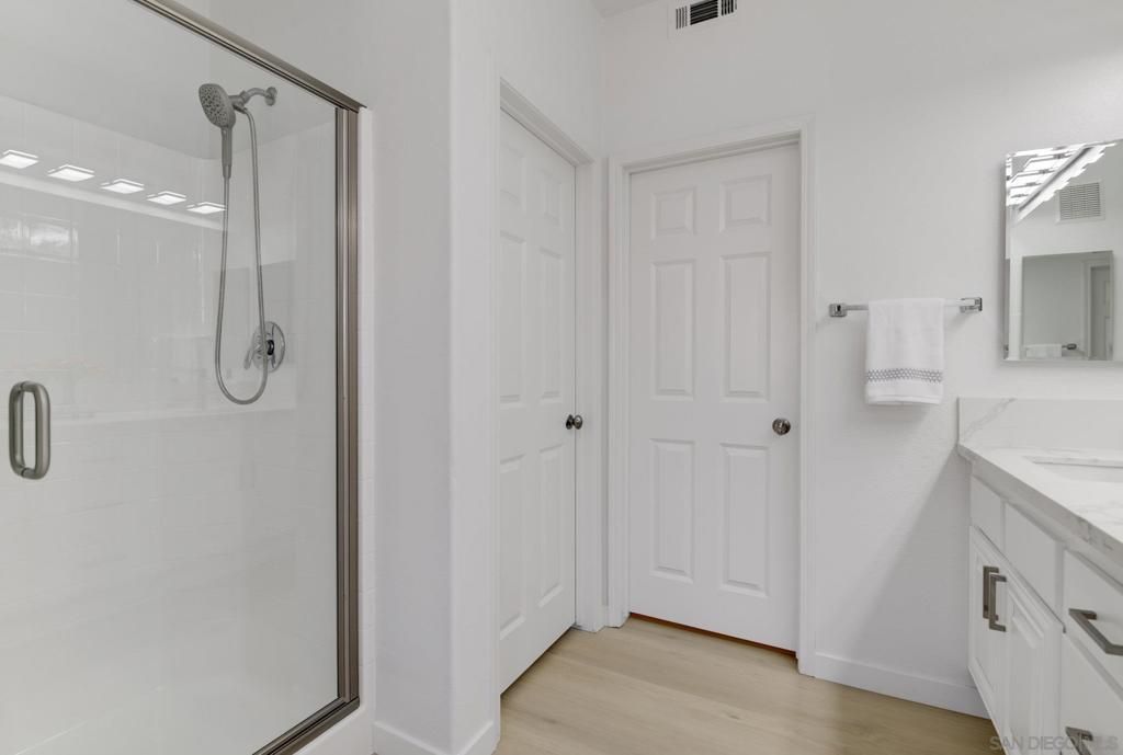 Bathroom, Glass Shower, Interior, Wood Texture Flooring
