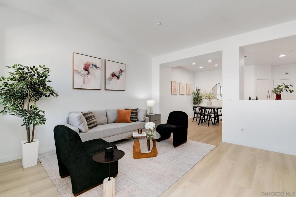 Dining room, Interior, Living room, Recessed Lighting, Wood Texture Flooring
