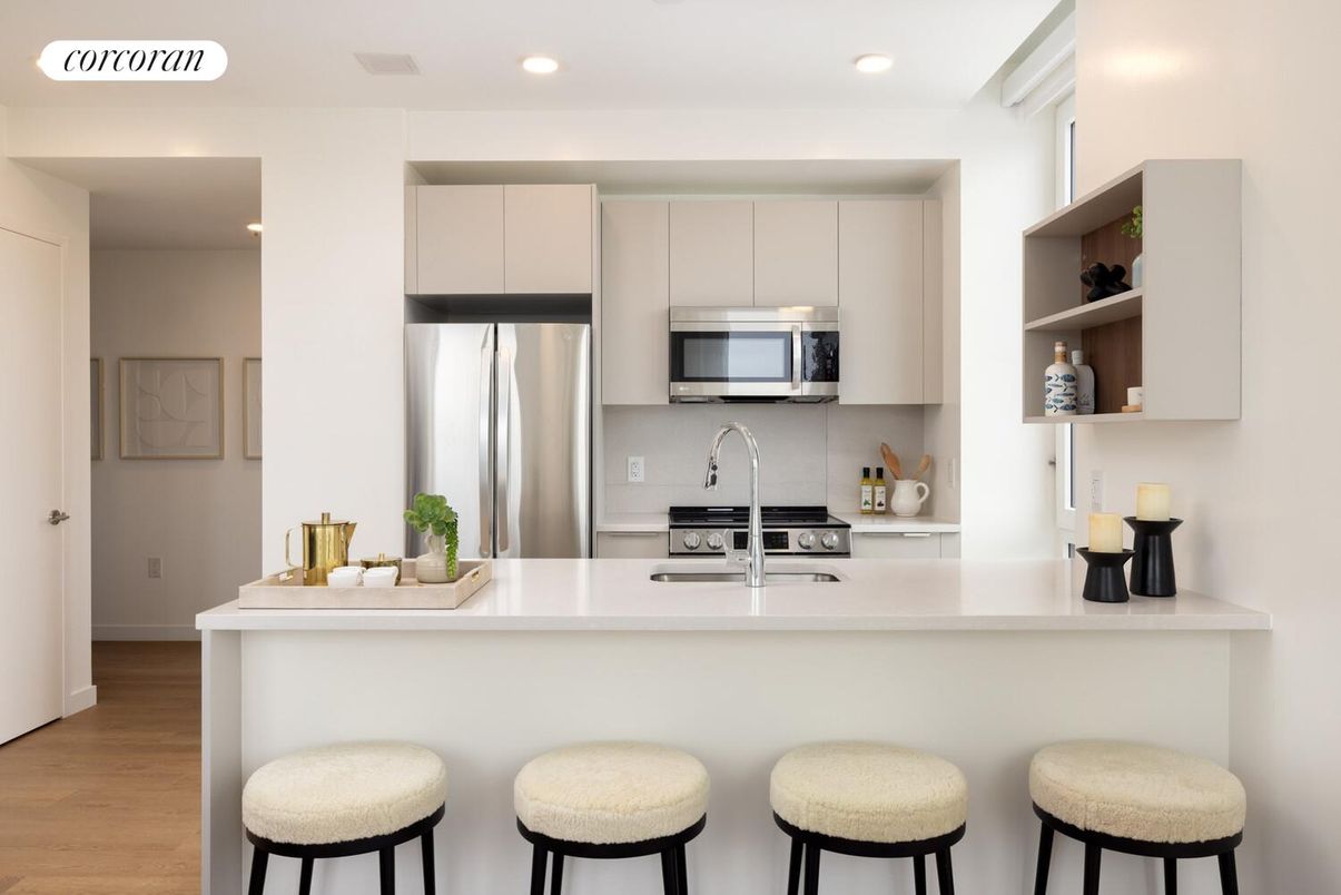 Interior, Kitchen, Recessed Lighting, Stainless Steel Appliances, Wood Texture Flooring