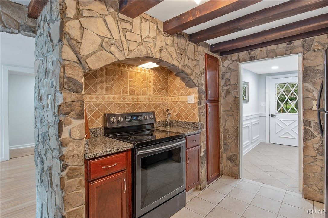 Interior, Kitchen, Recessed Lighting, Stone Walls, Wooden Beams