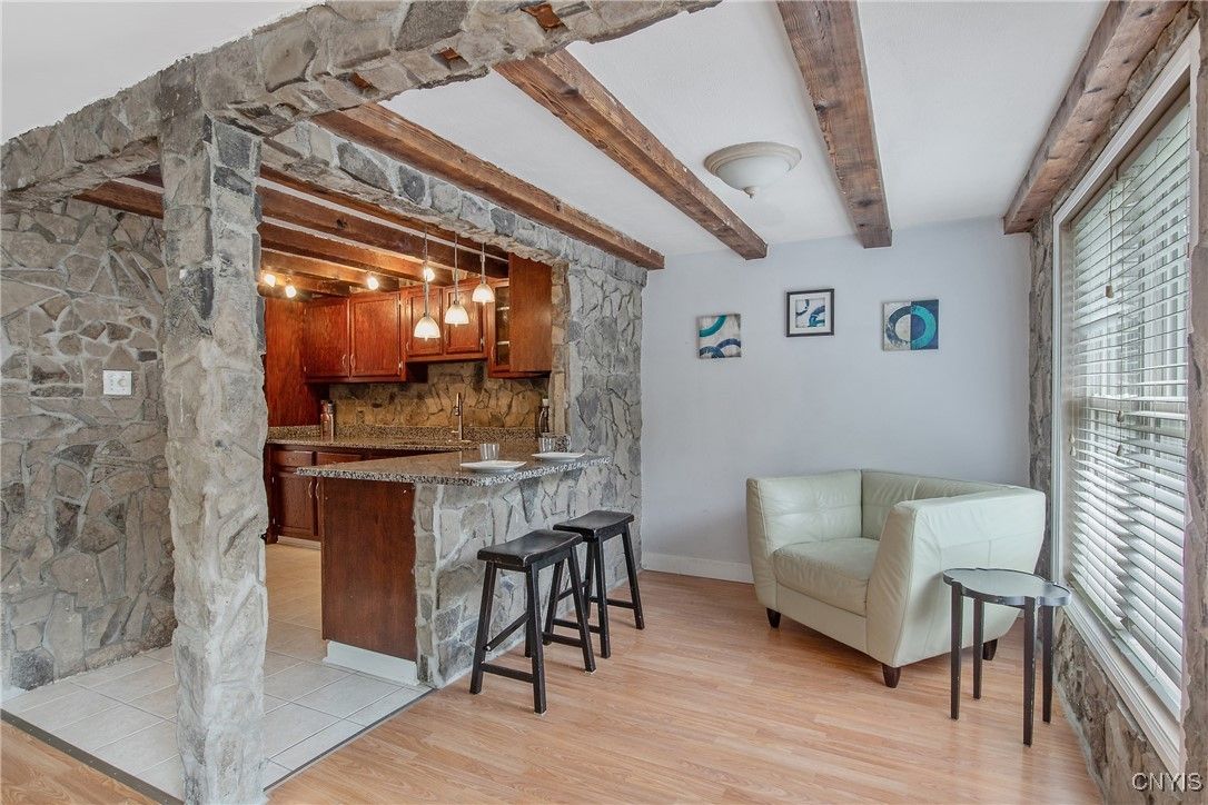 Interior, Kitchen, Pendant Lights, Stone Walls, Wooden Beams, Wood Texture Flooring
