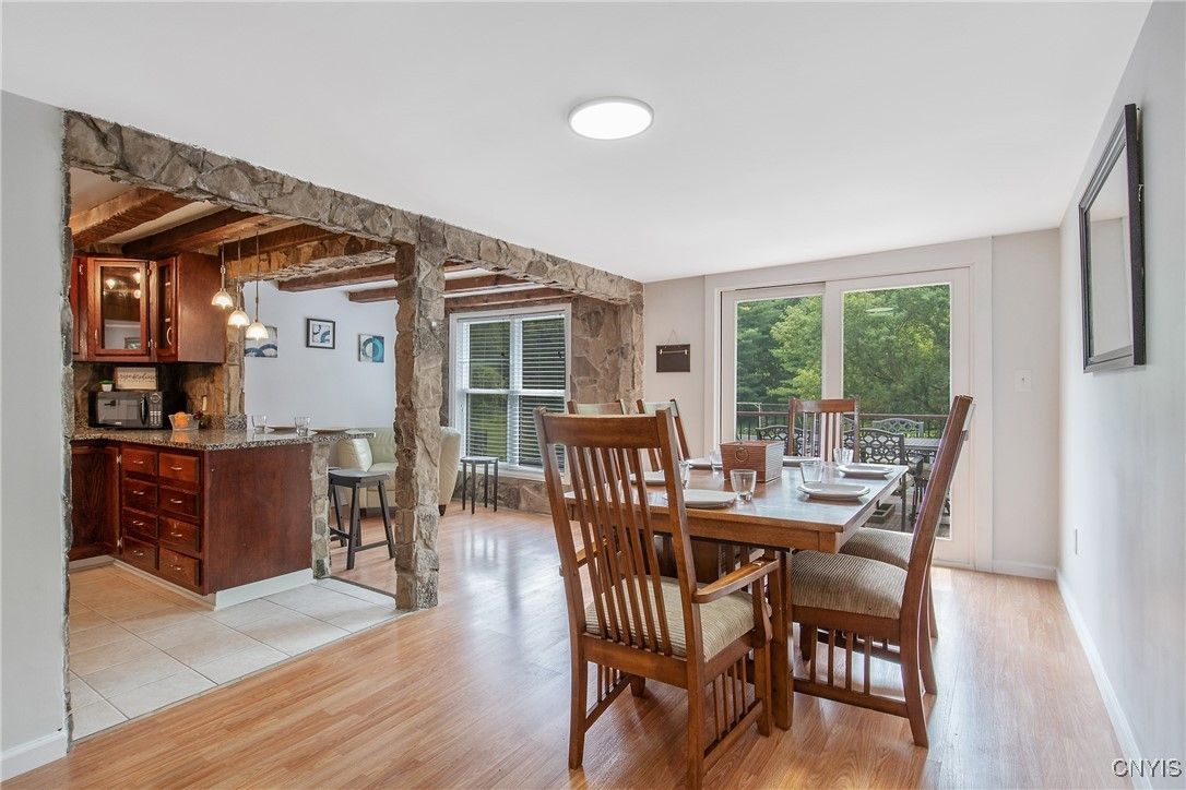 Dining room, Interior, Pendant Lights, Wooden Beams, Wood Texture Flooring