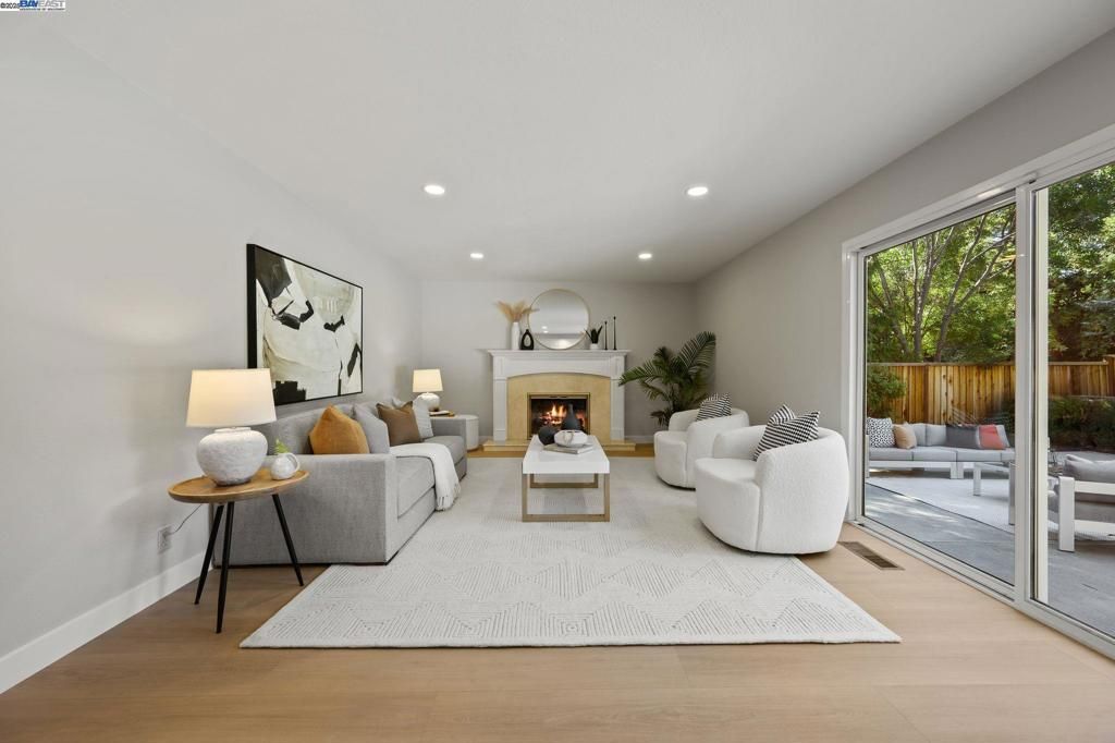 Fireplace, Interior, Living room, Recessed Lighting, Wood Texture Flooring