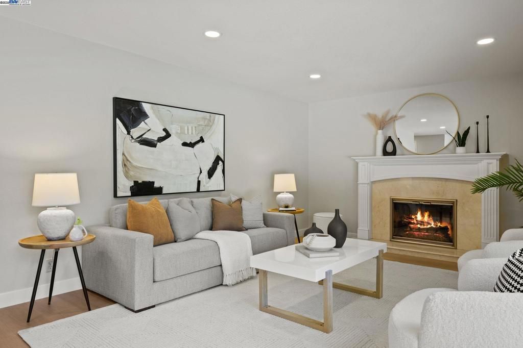 Fireplace, Interior, Living room, Recessed Lighting, Wood Texture Flooring