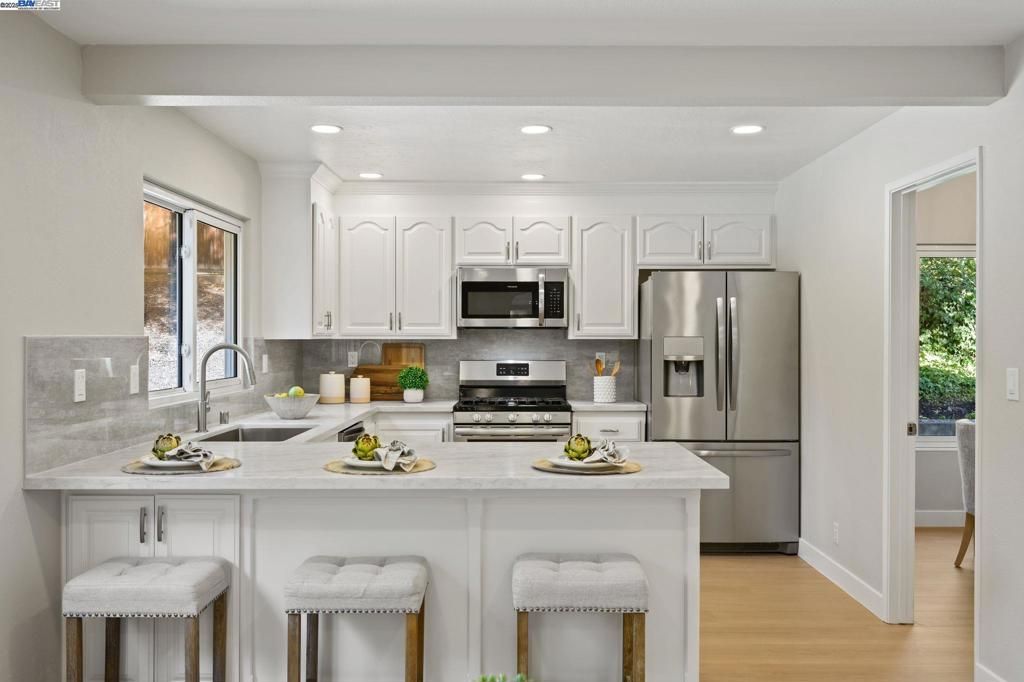 Interior, Kitchen, Recessed Lighting, Stainless Steel Appliances, Wood Texture Flooring