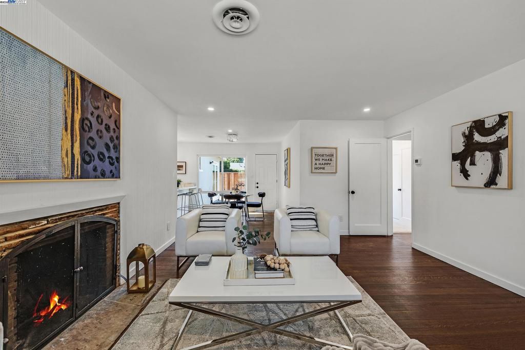Fireplace, Interior, Living room, Recessed Lighting, Wood Texture Flooring