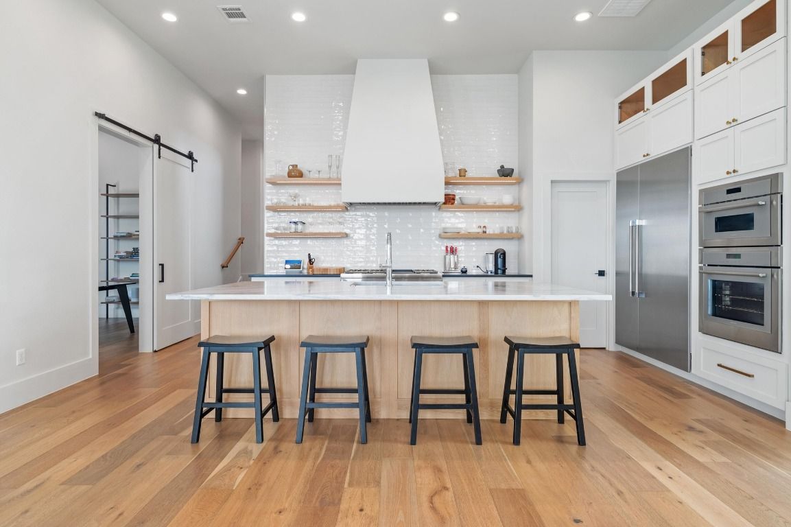 Interior, Kitchen, Recessed Lighting, Stainless Steel Appliances, Wood Texture Flooring