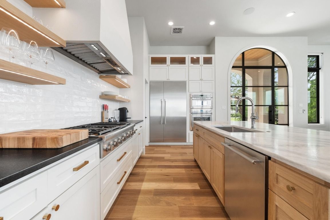 Interior, Kitchen, Recessed Lighting, Stainless Steel Appliances, Wood Texture Flooring