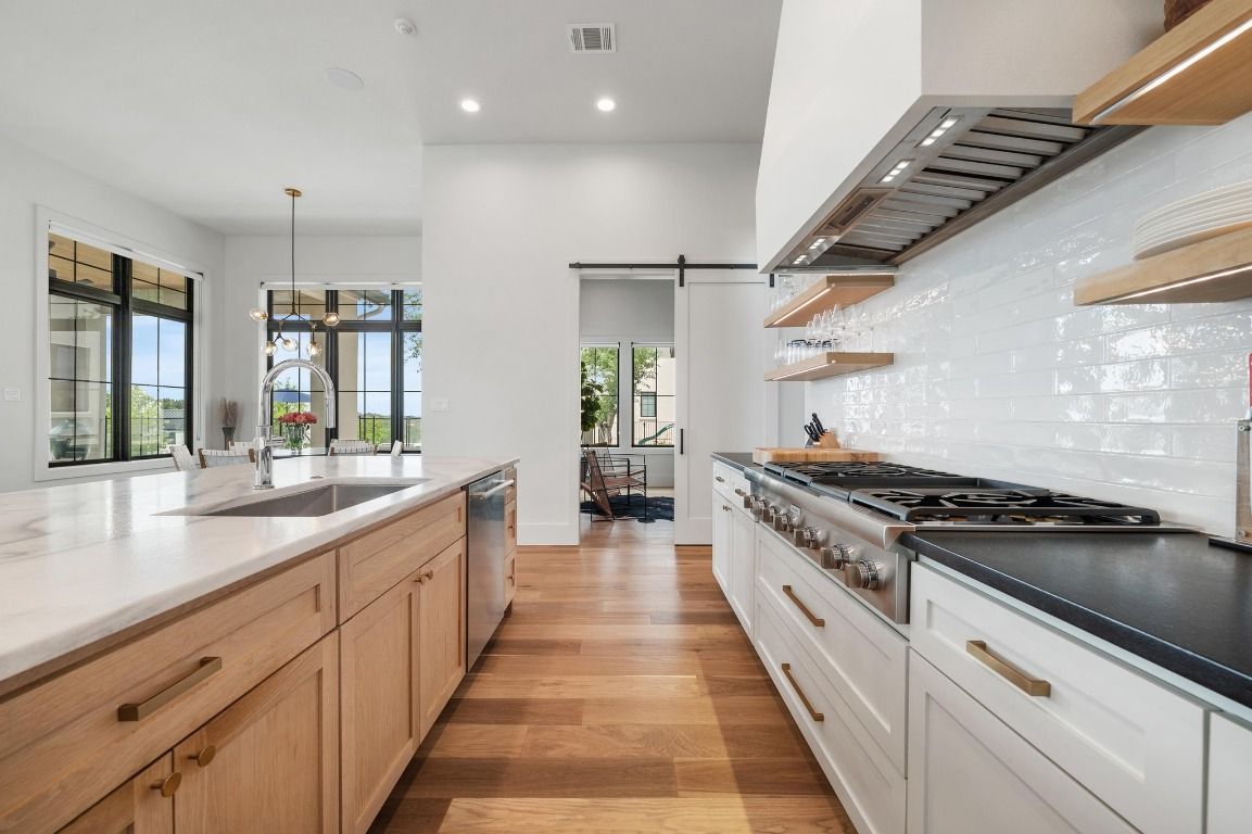 Interior, Kitchen, Pendant Lights, Recessed Lighting, Stainless Steel Appliances, Wood Texture Flooring