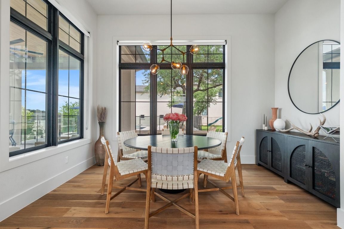 Dining room, Interior, Pendant Lights, Wood Texture Flooring