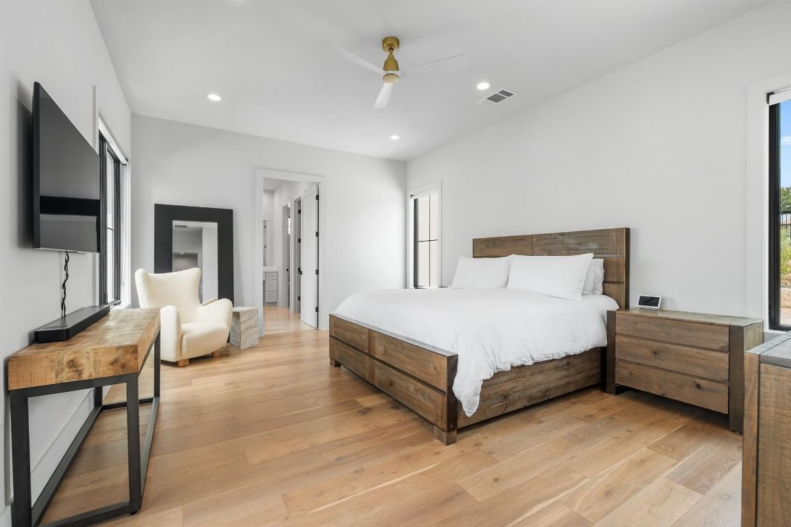 Bedroom, Interior, Recessed Lighting, Wood Texture Flooring