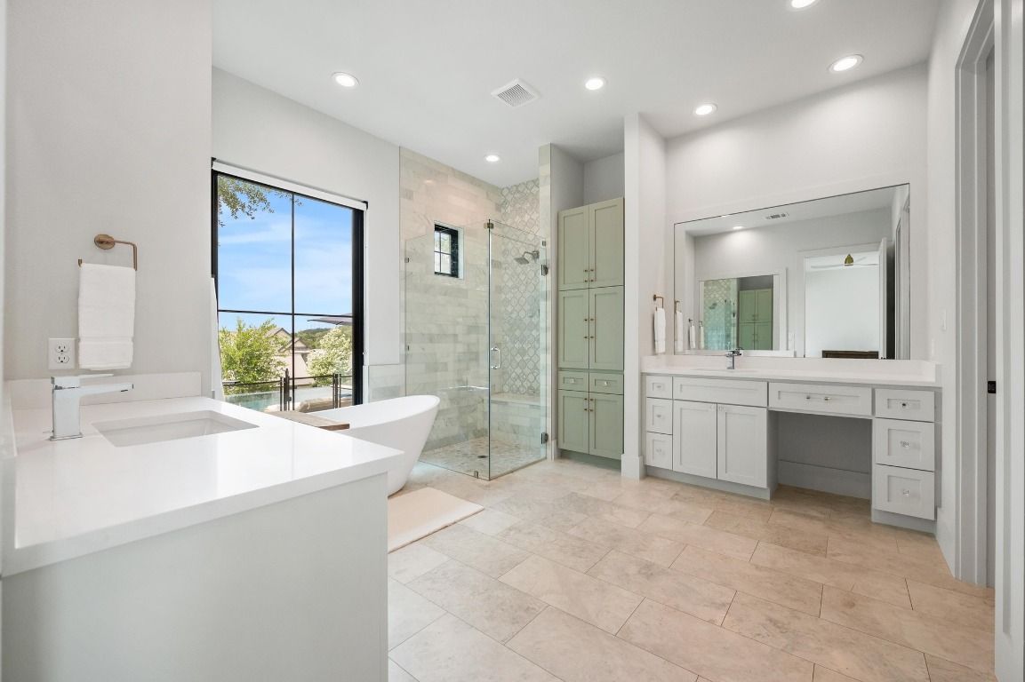 Bathroom, Dual Sink Vanities, Free Standing Baths, Glass Shower, Interior, Recessed Lighting
