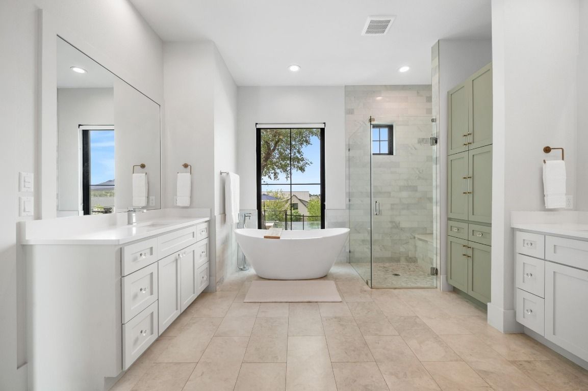 Bathroom, Dual Sink Vanities, Free Standing Baths, Glass Shower, Interior, Recessed Lighting