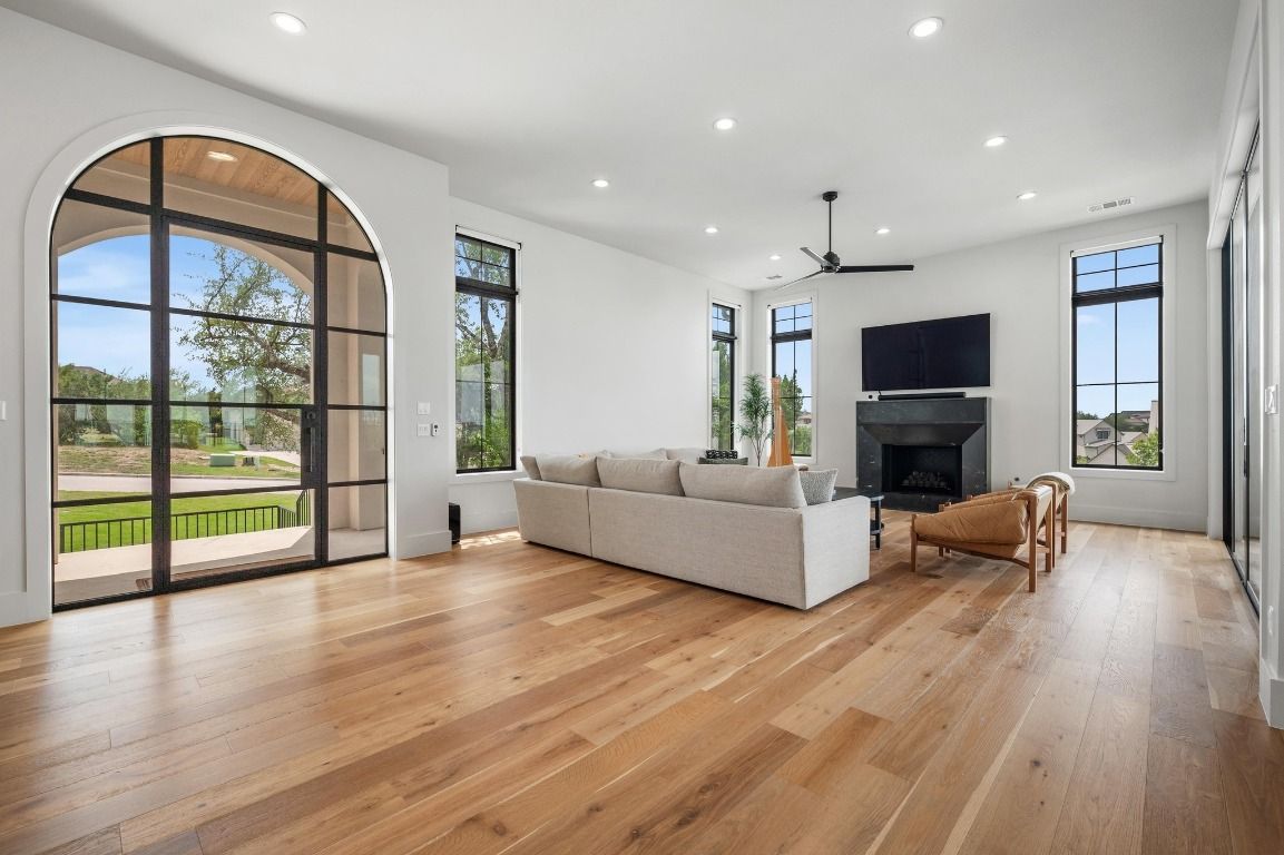 Fireplace, Interior, Living room, Recessed Lighting, Wood Texture Flooring