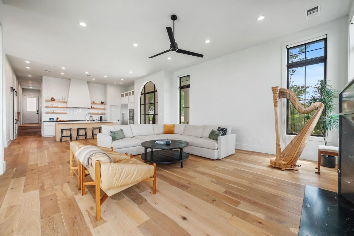 Interior, Kitchen, Living room, Recessed Lighting, Wood Texture Flooring
