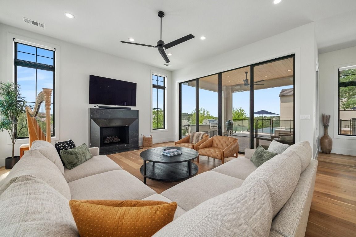 Fireplace, Interior, Living room, Recessed Lighting, Wood Texture Flooring