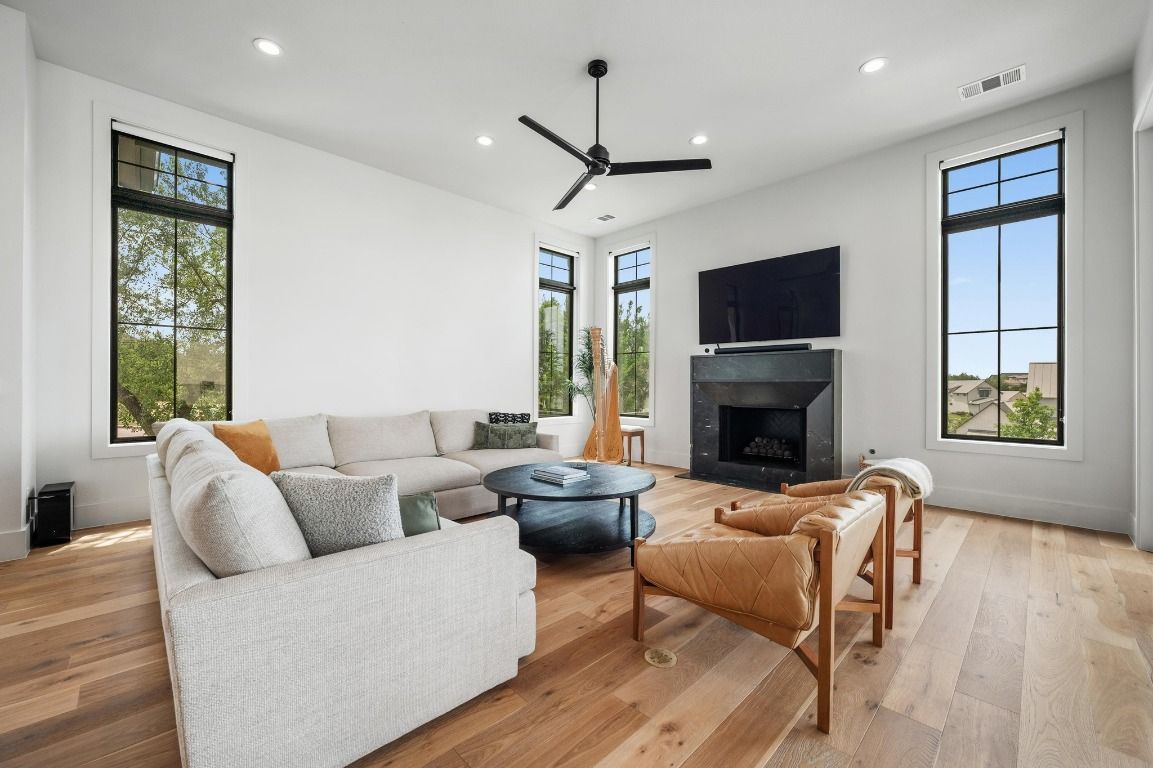 Fireplace, Interior, Living room, Recessed Lighting, Wood Texture Flooring
