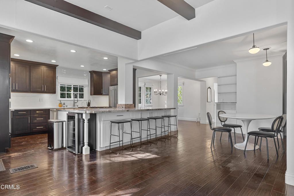 Dining room, Interior, Kitchen, Pendant Lights, Recessed Lighting, Wooden Beams, Wood Texture Flooring