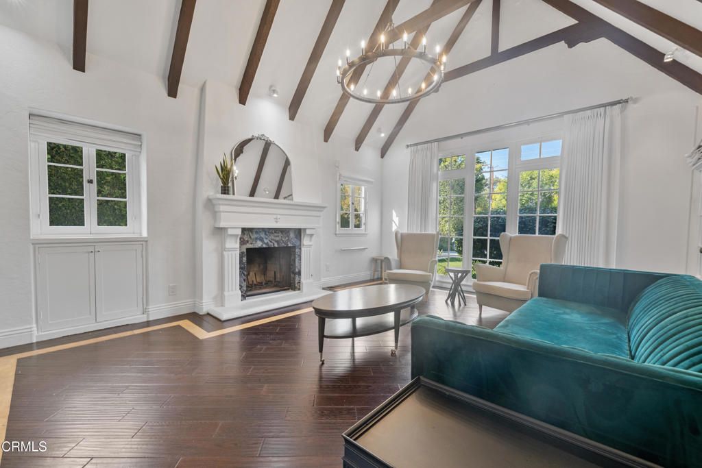 Chandelier, Fireplace, Interior, Living room, Wooden Beams, Wood Texture Flooring
