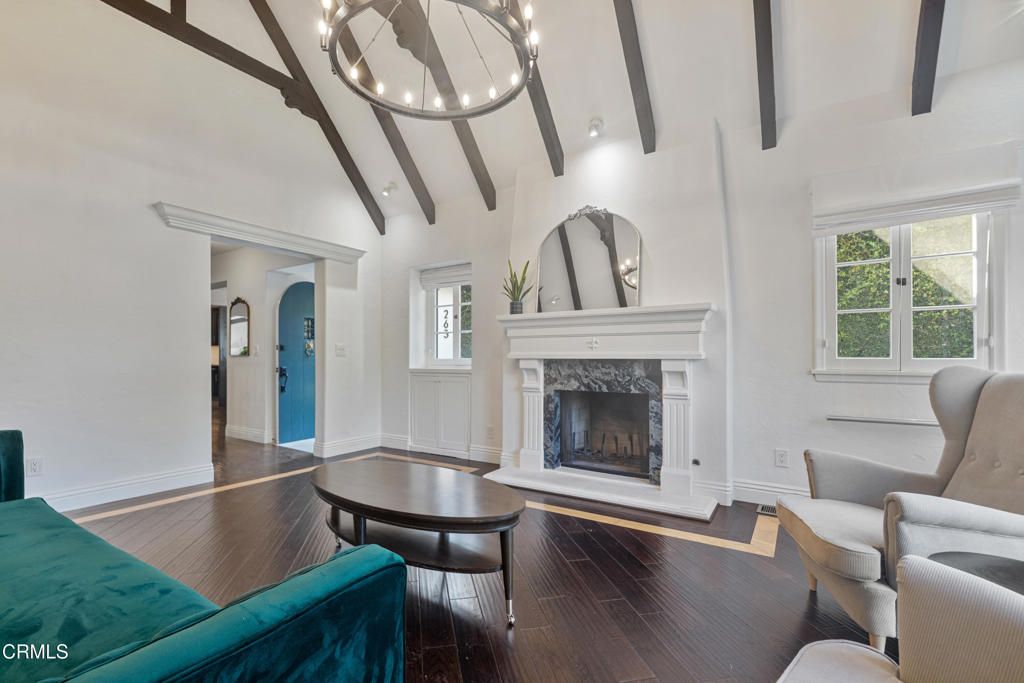 Fireplace, Interior, Pendant Lights, Wooden Beams, Wood Texture Flooring