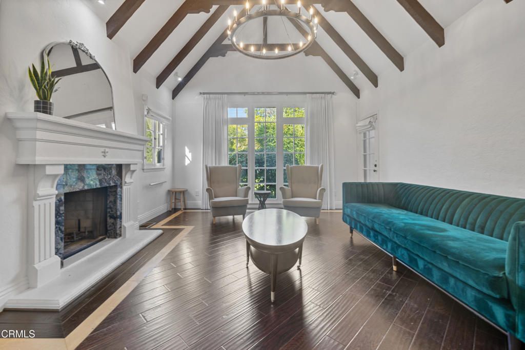 Chandelier, Fireplace, Interior, Living room, Wooden Beams, Wood Texture Flooring