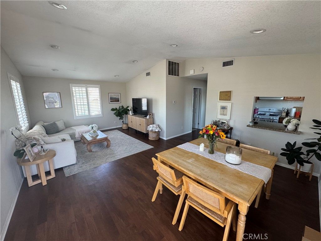 Dining room, Interior, Living room, Recessed Lighting, Wood Texture Flooring