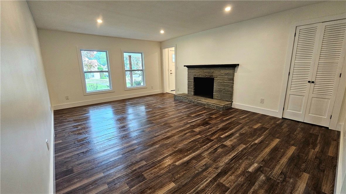 Empty room, Fireplace, Interior, Recessed Lighting, Wood Texture Flooring
