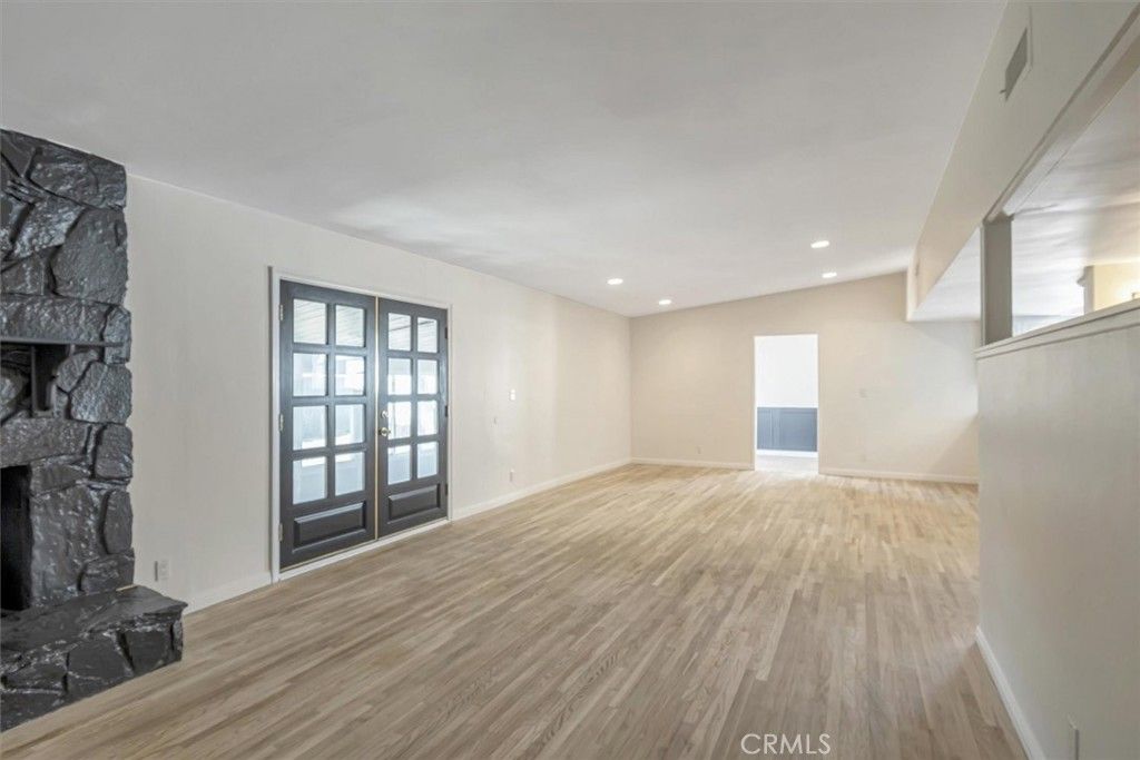 Empty room, Fireplace, Interior, Recessed Lighting, Wood Texture Flooring