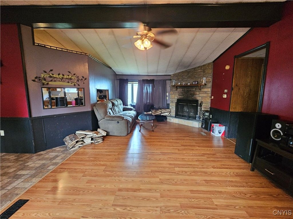 Fireplace, Interior, Living room, Stone Walls, Wood Texture Flooring