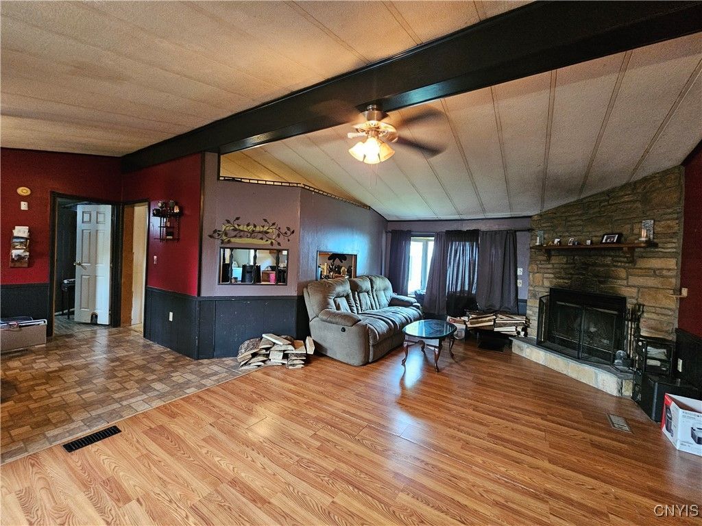 Fireplace, Interior, Living room, Stone Walls, Wood Texture Flooring