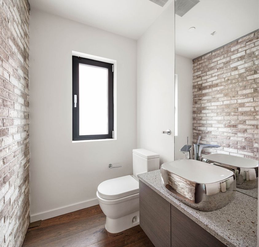Bathroom, Interior, Stone Walls, Wood Texture Flooring