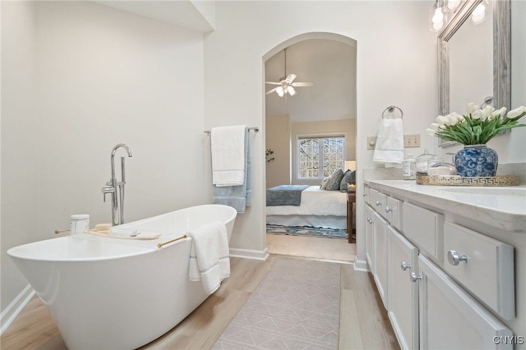 Bathroom, Dual Sink Vanities, Free Standing Baths, Interior, Wood Texture Flooring